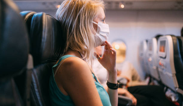 istock Woman with a protective face mask on a plane 1306384875