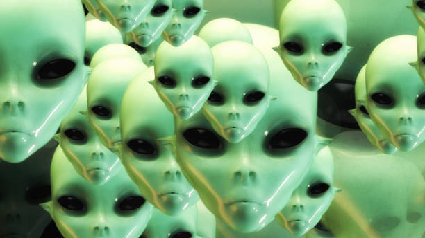 istock Artistic 3D illustration of alien faces 1306385704