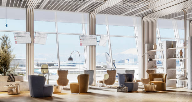 Large waiting area in vip lounge at the airport. Digitally generated image of airport premium lounge.