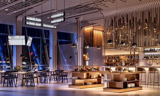 Computer generated image of the interior design of a  restaurant inside international aiport terminal. 3D rendering of airport VIP lounge with amazing wooden ceiling design.