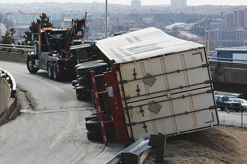 September 30, 2021, Riga, Latvia: car accident on a road, truck after a collision with car, transportation background