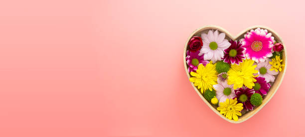 istock Colorful Chrysanthemum flowrs in heart shaped box. Floral composition, greeting card template, copy space 1306387662