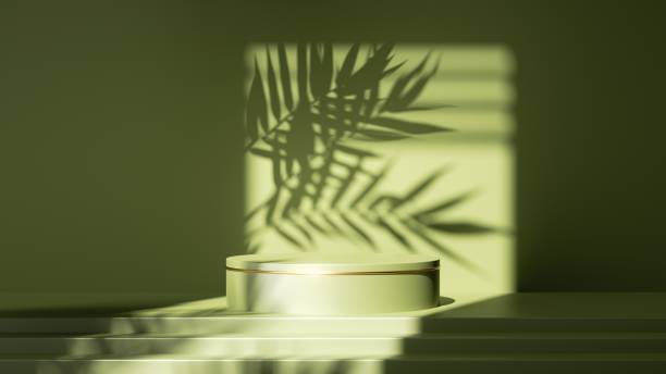 istock 3d render, abstract green background. Empty stage with steps and cylinder podium, leaf shadows and bright sunlight going through the square window. Minimal showcase scene for product presentation 1306388623