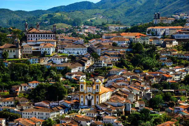 A panoramic view of the historic colonial city of Ouro Preto, Minas Gerais, Brazil.