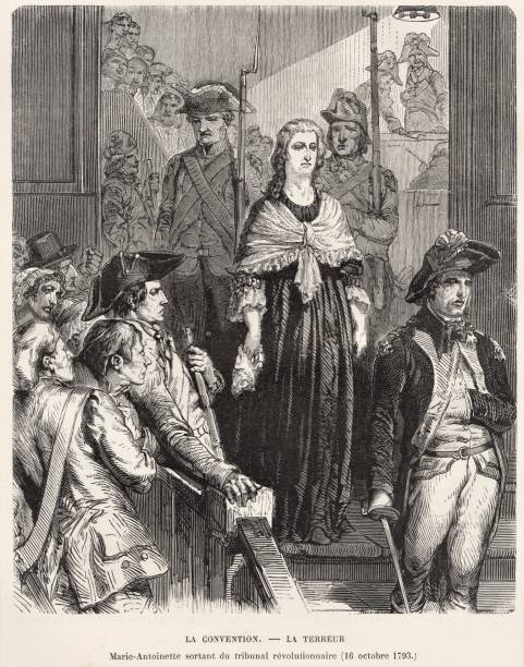 Marie Antoinette Led to the Tribunal 1793 French Revolution, 18th Century History Soldiers lead French Queen Marie Antoinette to the Revolutionary Tribunal on October 14, 1793 Two days later the queen was convicted of high treason and executed by guillotine. 18th Century French history. Illustration published in Cent Recits: D’Histoire De France by Gustave DuCourdray (Librairie Hachette, Paris) in 1887. bayonet stock illustrations
