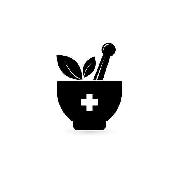 illustrazioni stock, clip art, cartoni animati e icone di tendenza di guarigione di erbe in un mortaio con icona pestello. design del cartello della farmacia. illustrazione vettoriale. - mortaio con pestello