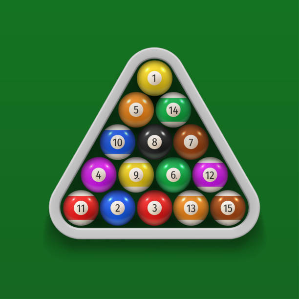 ilustrações de stock, clip art, desenhos animados e ícones de billiard balls in wooden triangle rack on green cloth surface realistic illustration. - snooker