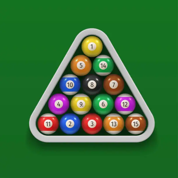 Vector illustration of Billiard balls in wooden triangle rack on green cloth surface realistic illustration.