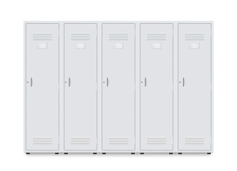 Metal locker storage cabinets for school, fitness club, gym, swimming pool realistic mockups. Wardrobe steel templates. Furniture store. Vector illustration isolated on white background.