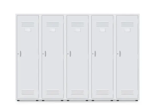 Vector illustration of Metal locker storage cabinets for school, fitness club, gym, swimming pool realistic mockups.