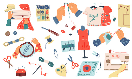 Embroidery Set Cartoon Needle Work And Hand Made Hobby Collection Sewing Tools And Instruments Thread Buttons And Scissors Dressmaking And Crochet Clothes Vector Illustration Stock Illustration - Download Image Now - iStock Embroidery Set Cartoon Needle Work And Hand Made Hobby Collection Sewing Tools And Instruments Thread Buttons And Scissors Dressmaking And Crochet Clothes Vector Illustration Stock Illustration - Download Image Now - iStock