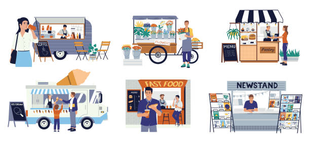 Small business. Flower and ice cream shop, street fast food cafe or coffee bar in auto vans. Cartoon diverse businessmen set. Scenes of people buy hotdogs and pastry, vector entrepreneurs Small business. Flower and ice cream shop, street fast food cafe or coffee bar in auto vans. Cartoon happy diverse businessmen set. Scenes of young people buy hotdogs and pastry, vector entrepreneurs news stand stock illustrations