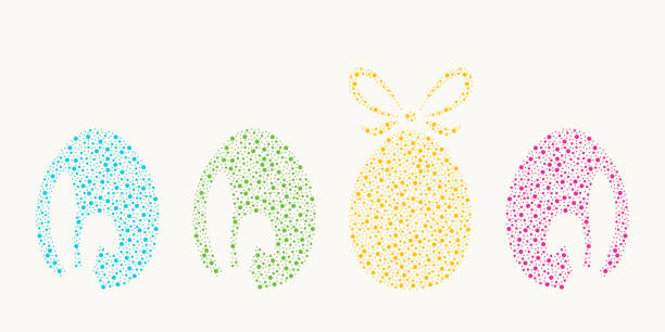 Color easter eggs shapes with bunny ears silhouette. Vector illustration of Easter Eggs drawing by dots different sizes. Color easter eggs shapes with bunny ears silhouette. Vector illustration of Easter Eggs drawing by dots different sizes. easter silhouettes stock illustrations