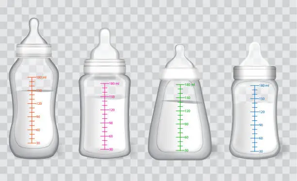 Vector illustration of set of flat baby silicone pacifier or new born babies silicone pacifier or milk bottle plastic or newborn bottle milk concept. eps 10 vector, easy to modify