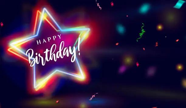 Vector illustration of Happy Birthday Neon Star effect Background with confetti.