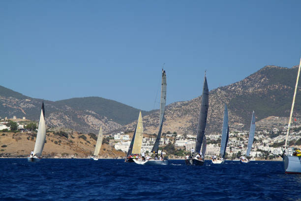 sailing ship yachts in the open sea. luxury boats. - weather time travel locations nature imagens e fotografias de stock