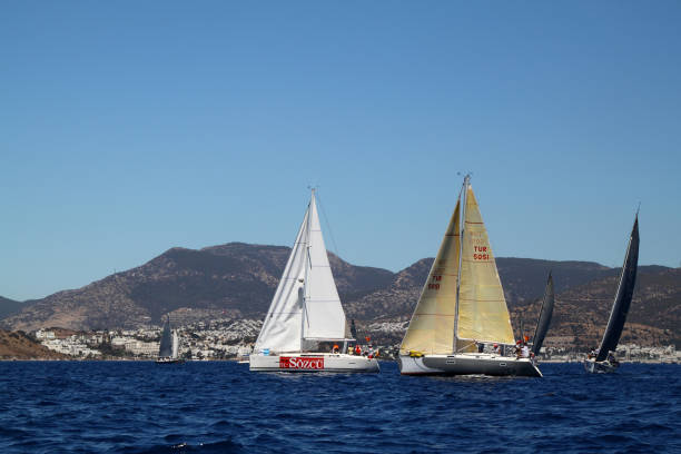 sailing ship yachts in the open sea. luxury boats. - weather time travel locations nature imagens e fotografias de stock