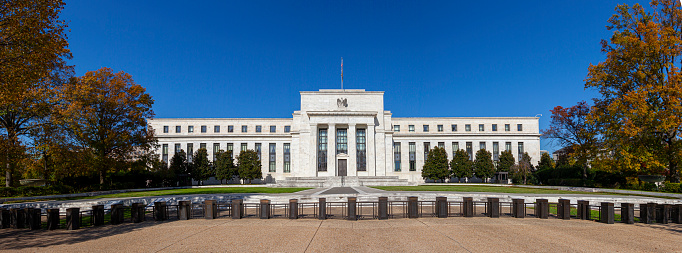Washington DC, USA, 11-06-2020:  Panoramic view of the Marriner S. Eccles Federal Reserve Board Building (Eccles Building) that houses main offices of the Board of Governors of US Federal Reserve.