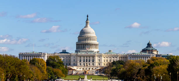 Panoramic image of the US Capitol building in Washington DC as seen from national mall stock photo
