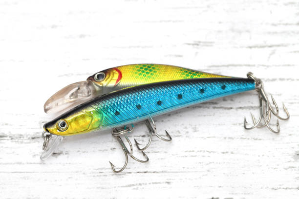 Plastic fishing lure Plastic fishing lure on a white wooden table minnow fish photos stock pictures, royalty-free photos & images