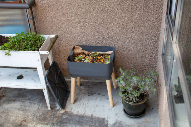 vermi in un vassoio di alimentazione con cibo fresco e materiale da letto in un vermicomposter all'aperto. - humus soil foto e immagini stock