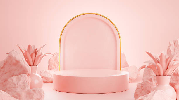 istock 3d render of pink podium with stone for product display 1306401269