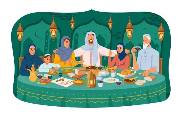 Vector illustration of Muslim family at dinner, iftar ramadan holiday celebration, arabic people in national cloth, lanterns and arabian cityscape on background. Parents and kids sitting at table, national food and drinks