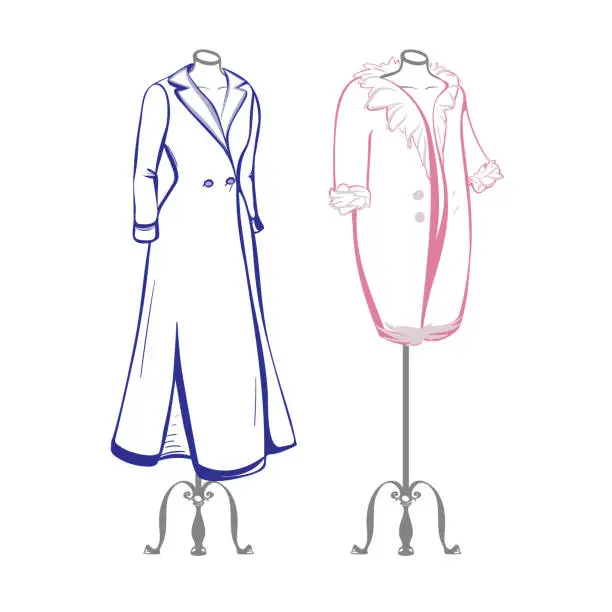 Vector illustration of Short and long female coat on mannequins