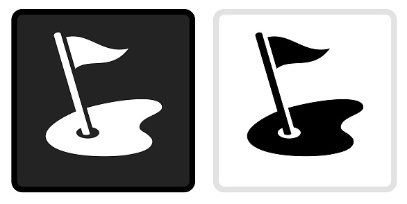 Golf Field Icon on  Black Button with White Rollover. This vector icon has two  variations. The first one on the left is dark gray with a black border and the second button on the right is white with a light gray border. The buttons are identical in size and will work perfectly as a roll-over combination.