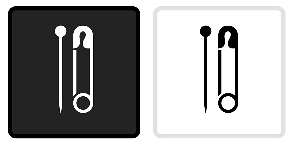 Needle & Safety Pin Icon on  Black Button with White Rollover. This vector icon has two  variations. The first one on the left is dark gray with a black border and the second button on the right is white with a light gray border. The buttons are identical in size and will work perfectly as a roll-over combination.