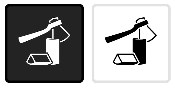 Chopping Logs Icon on  Black Button with White Rollover. This vector icon has two  variations. The first one on the left is dark gray with a black border and the second button on the right is white with a light gray border. The buttons are identical in size and will work perfectly as a roll-over combination.