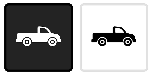 Pick Up Truck Icon on  Black Button with White Rollover. This vector icon has two  variations. The first one on the left is dark gray with a black border and the second button on the right is white with a light gray border. The buttons are identical in size and will work perfectly as a roll-over combination.