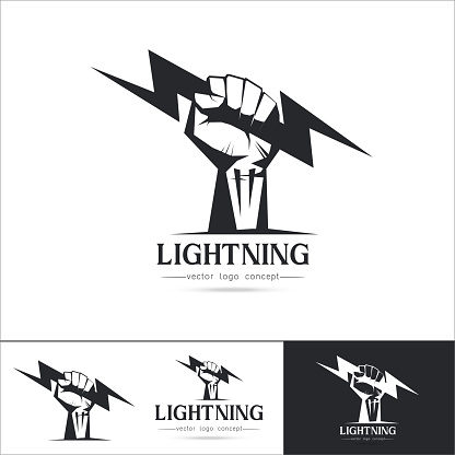 Set of Logo template Fist hand holding  thunder bolt. Zeus and power concept isolated on white background vector illustration