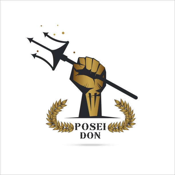 Logo hand holding trident of greek god Poseidon Logo template Fist hand holding trident isolate with olive branch with thunder symbol of greek god Poseidon on white background Vector illustration greek god poseidon backgrounds stock illustrations