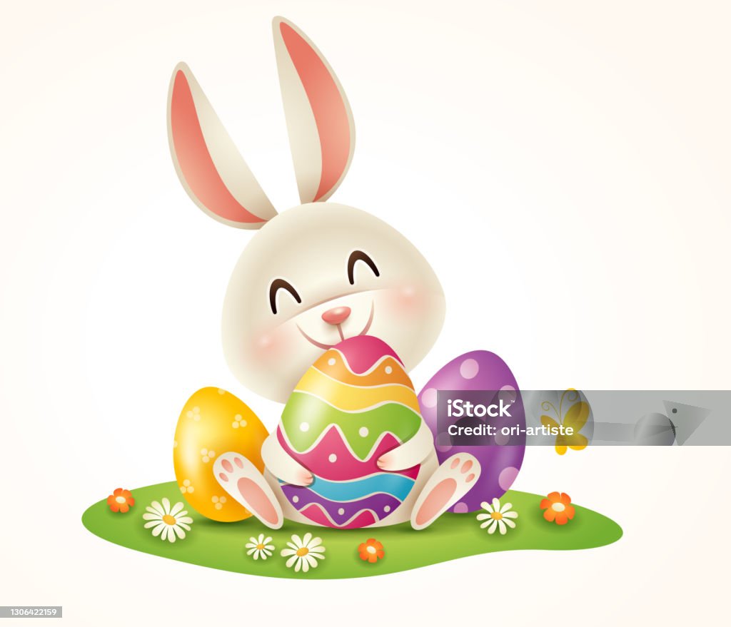 Conejo de Pascua y Pascua pintaron huevos sobre hierba. Aislado. - arte vectorial de Conejo de pascua libre de derechos