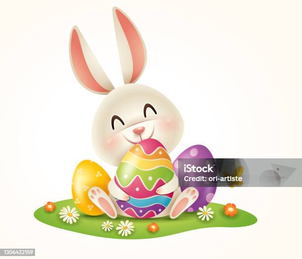 Ilustración de Conejo De Pascua Y Pascua Pintaron Huevos Sobre Hierba Aislado y más Vectores Libres de Derechos de Conejo de pascua