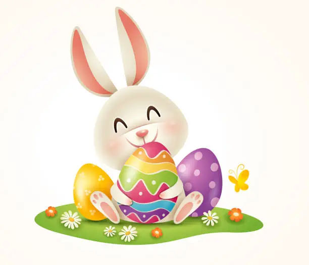 Vector illustration of Easter bunny and Easter painted eggs on grass. Isolated.