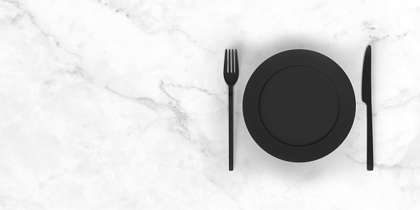 3D rendered black color, mat design plate, fork and spoon on a white color marble table with large copy space.