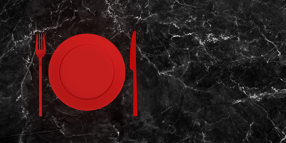 3D rendered red color, mat design plate, fork and spoon on a black color marble table with large copy space.
