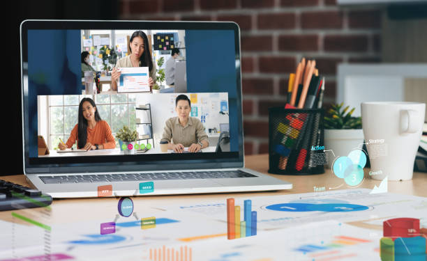 istock Video conference use augmented reality technology teleconference collaboration with team at home.live streaming meeting 1306428720