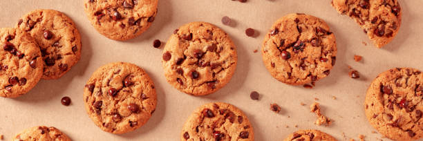istock Chocolate chip cookies with melting chocolate panorama, top shot 1306430446