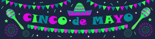 Vector illustration of Cinco de Mayo banner. Mexican template for your design with sambrero, maracas. Vector illustration