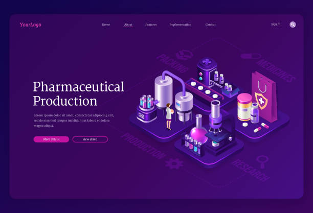 ilustraciones, imágenes clip art, dibujos animados e iconos de stock de página de aterrizaje isométrico de producción farmacéutica - purple belt