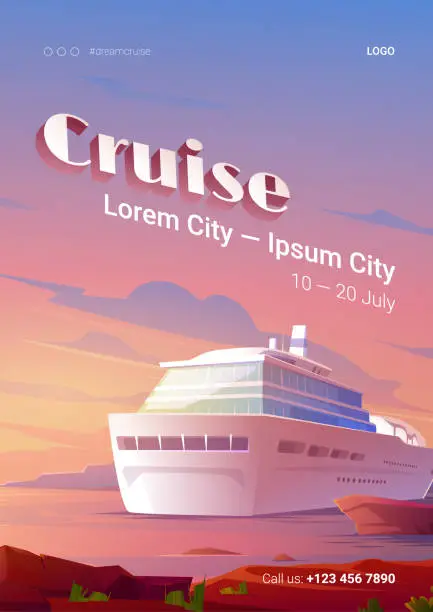 Vector illustration of Summer cruise poster with ship in ocean at sunset