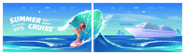 서핑 소녀와 여름 크루즈 만화 착륙 - surf scene stock illustrations