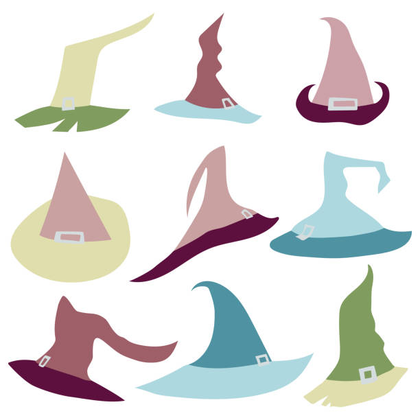 istock Set of colorful witch's hats with ribbons and buckles in handdrawn style with angular lines. 1306434965