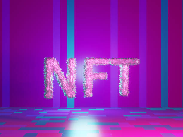 ntf text on vivid tech violet background. non-refundable token. 3d render. crypto art place for selling. blockchain concept. - refundable imagens e fotografias de stock