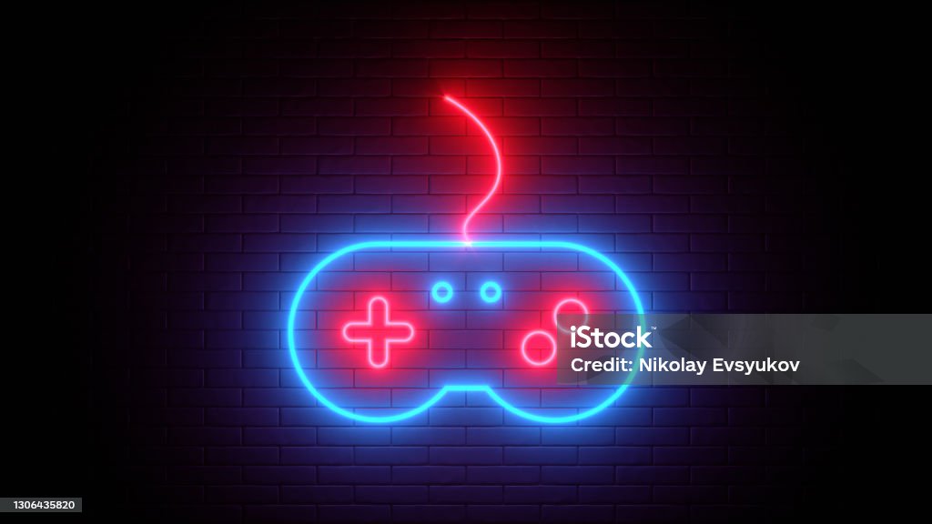 Neon sign on a brick wall. Glowing gamepad icon. Abstract background, spectrum vibrant colors. 3d render illustration. Retro Style Stock Photo
