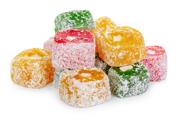 istock Bunch of colorful Turkish Delight sweets isolated on white 1306436910