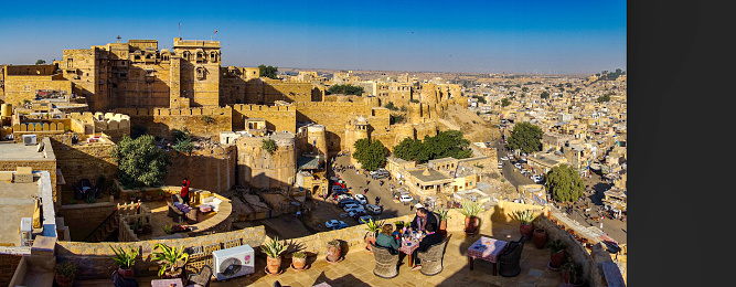 Jaisalmer, India - Dec 31, 2019: The Fort in the golden city Jaisalmer in Rajasthan, India. It stands on a ridge of yellowish sandstone.